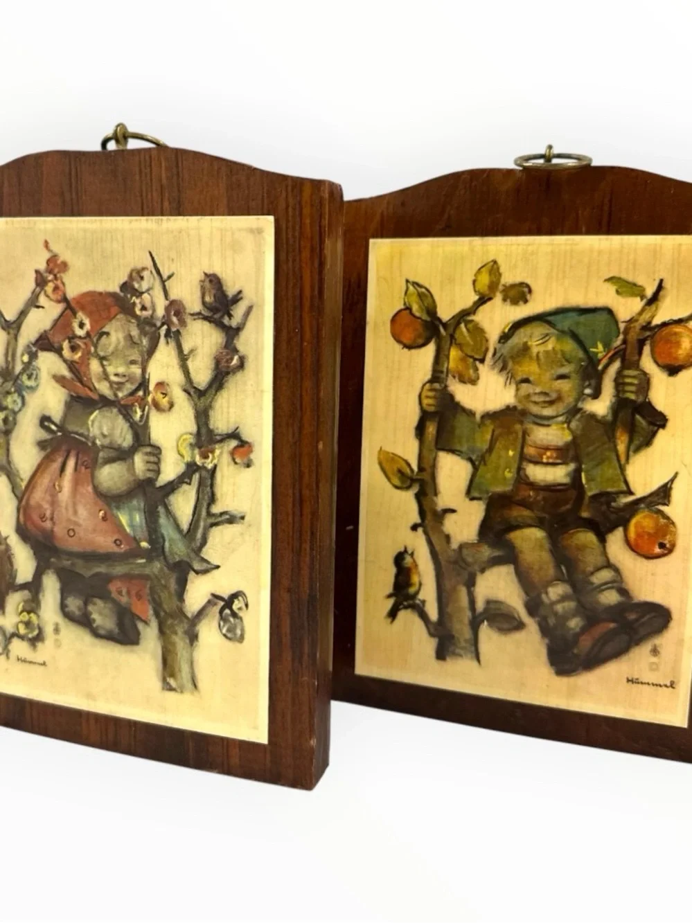 Vintage M.I. Hummel Apple Tree Boy & Girl 7.25” Wood Wall Plaques Set of 2